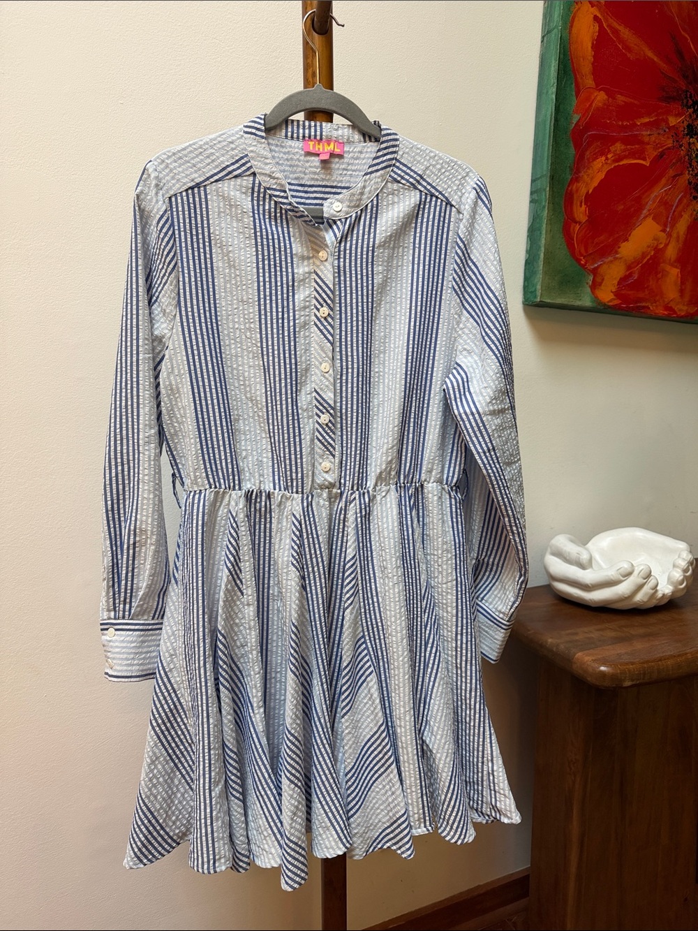 THML Blue and White Striped Button-Front Casual Dress
